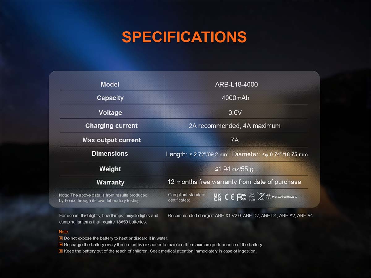 fenix ARB-L18-4000 rechargeable battery specifications