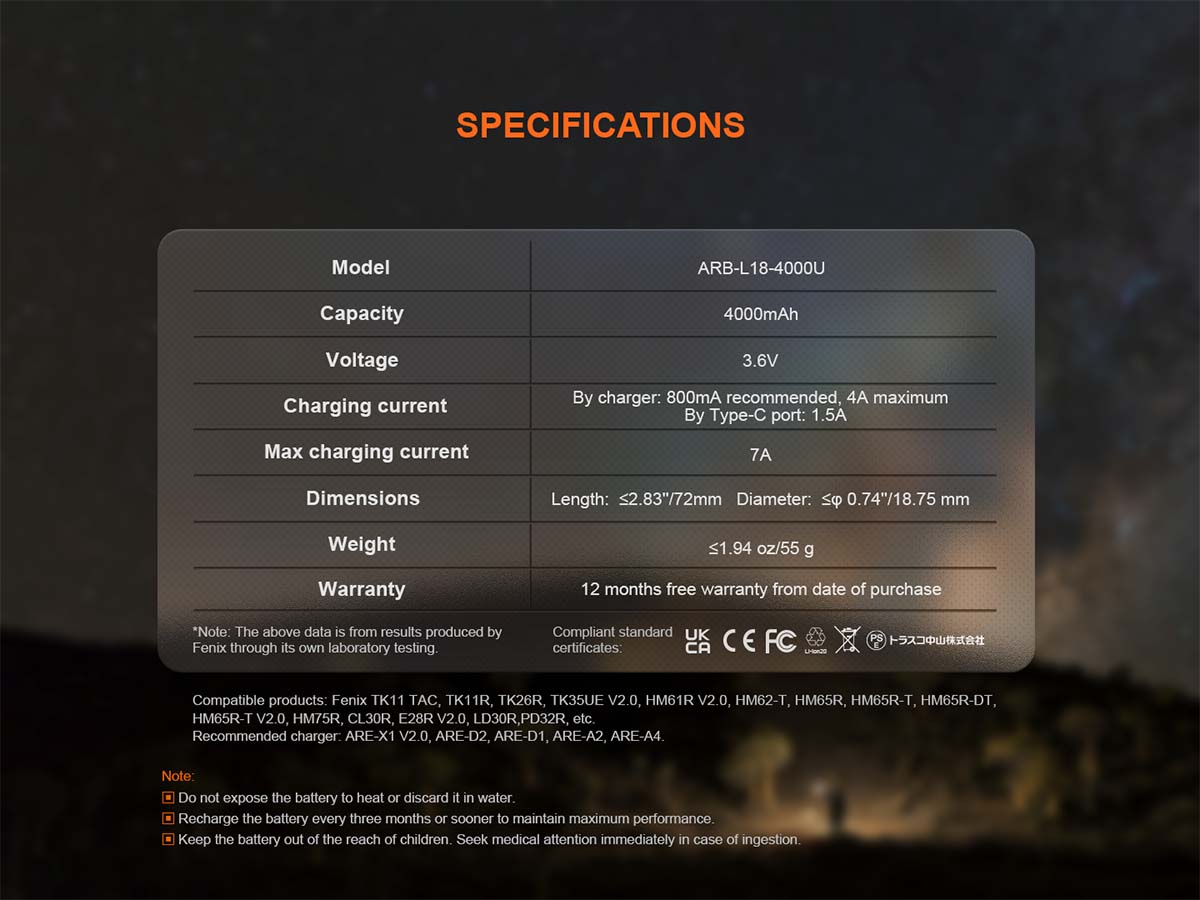 specification fenix arb-l18-4000u rechargeable battery