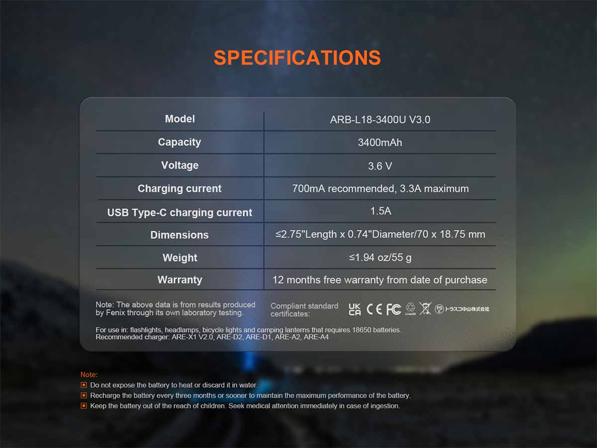 fenix arb-l18-3400v3 rechargeable battery specifications