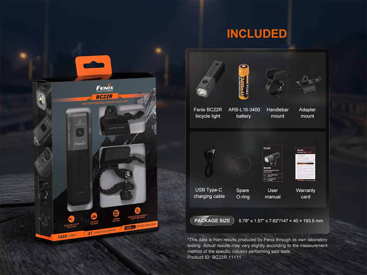 packaging included items fenix bc22r rechargeable bike light