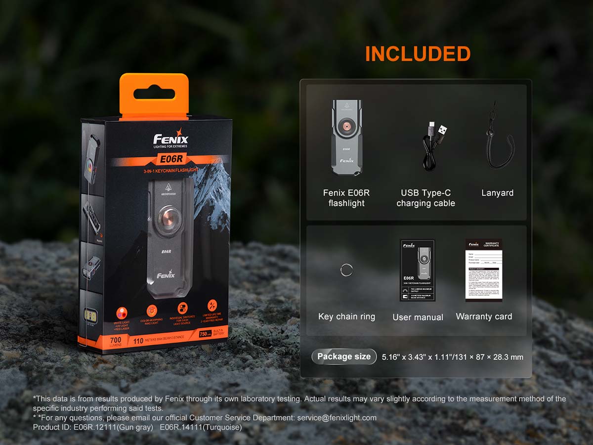 included package fenix e06r rechargeable edc flashlight 