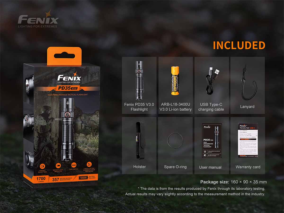 fenix pd35 v3 flashlight package included items