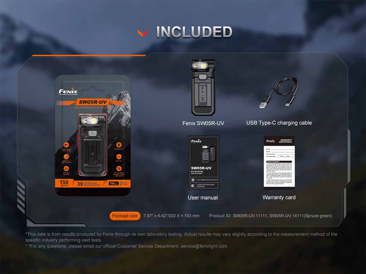 packaging fenix sw05r uv clip on flashlight