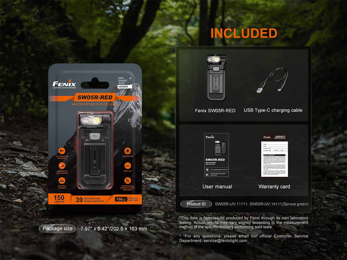 packaging fenix sw05r red clip on flashlight