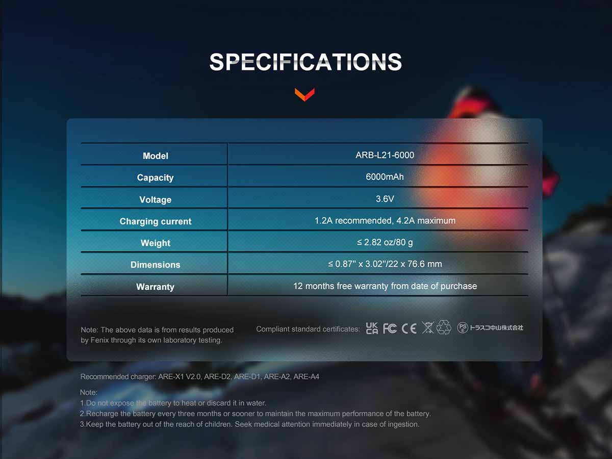 fenix rechargeable battery 6000mah specifications